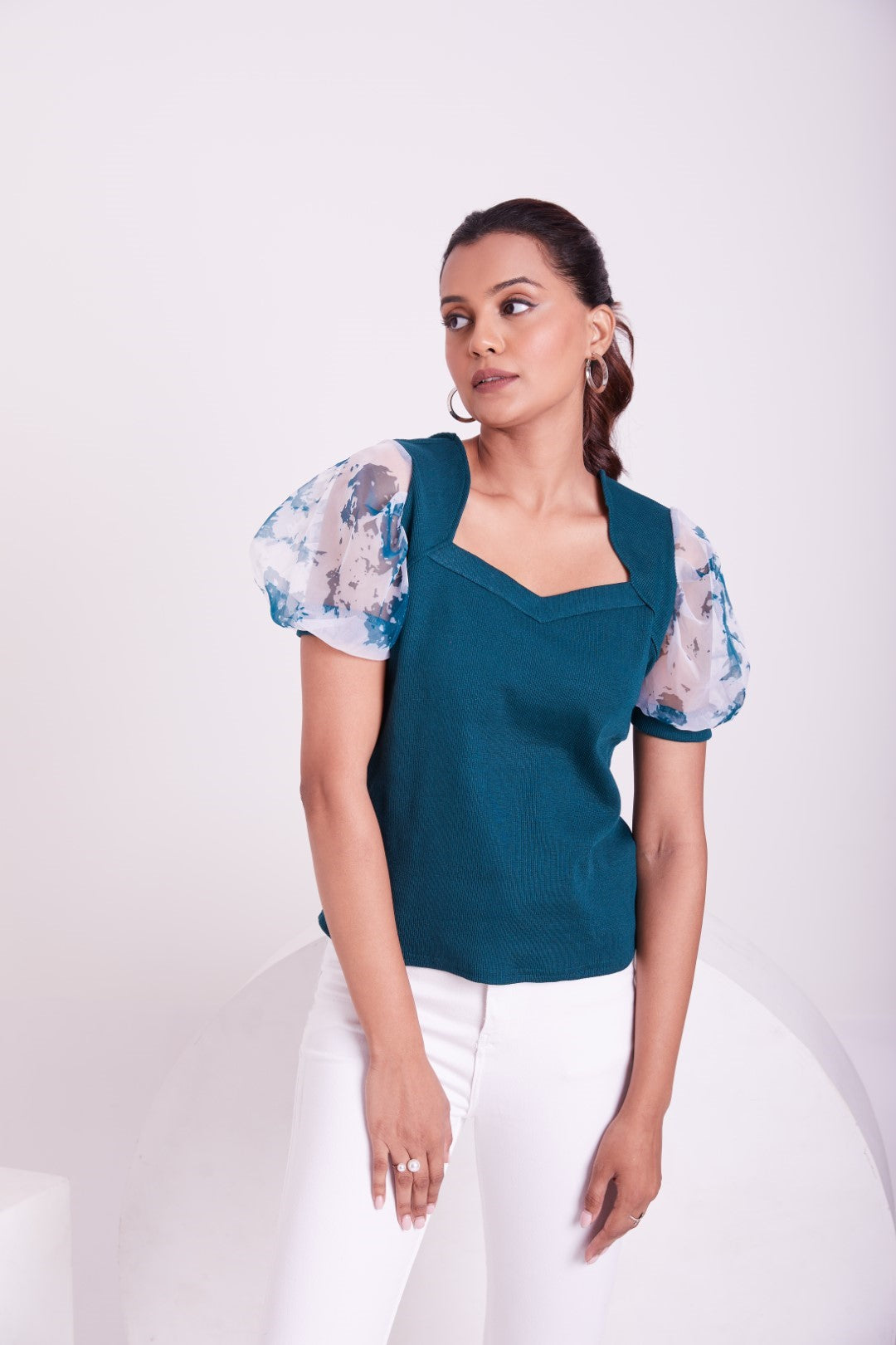 Floral Organza Puff Sleeve Ribbed Top – Sweetheart Neck Women’s Casual Top