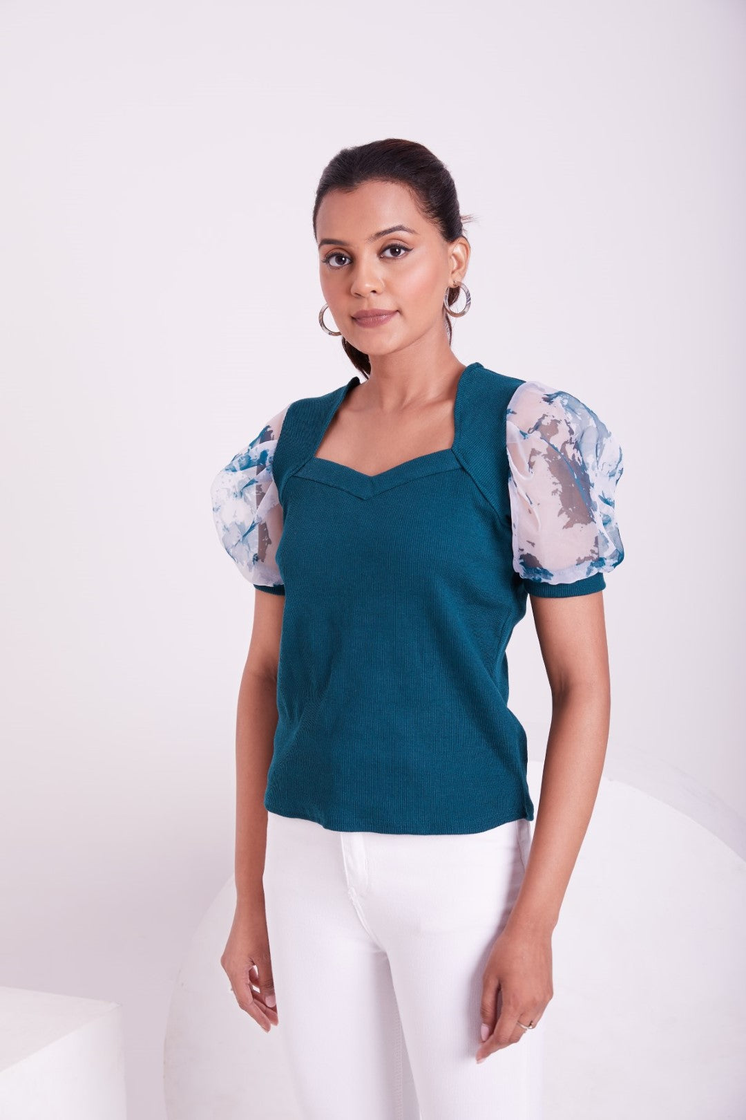 Floral Organza Puff Sleeve Ribbed Top – Sweetheart Neck Women’s Casual Top