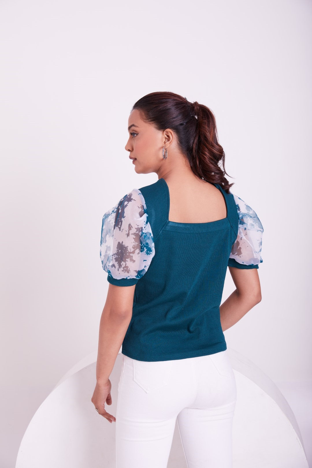 Floral Organza Puff Sleeve Ribbed Top – Sweetheart Neck Women’s Casual Top