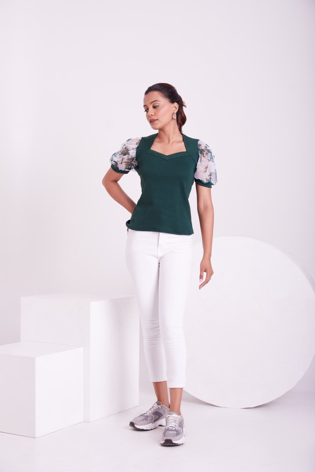 Floral Organza Puff Sleeve Ribbed Top – Sweetheart Neck Women’s Casual Top