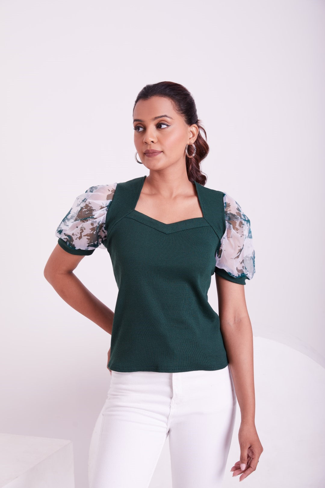Floral Organza Puff Sleeve Ribbed Top – Sweetheart Neck Women’s Casual Top