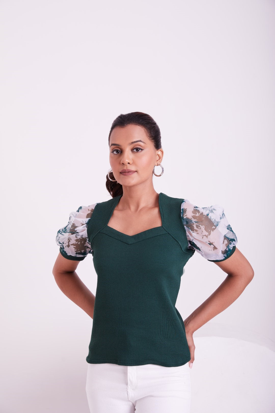 Floral Organza Puff Sleeve Ribbed Top – Sweetheart Neck Women’s Casual Top
