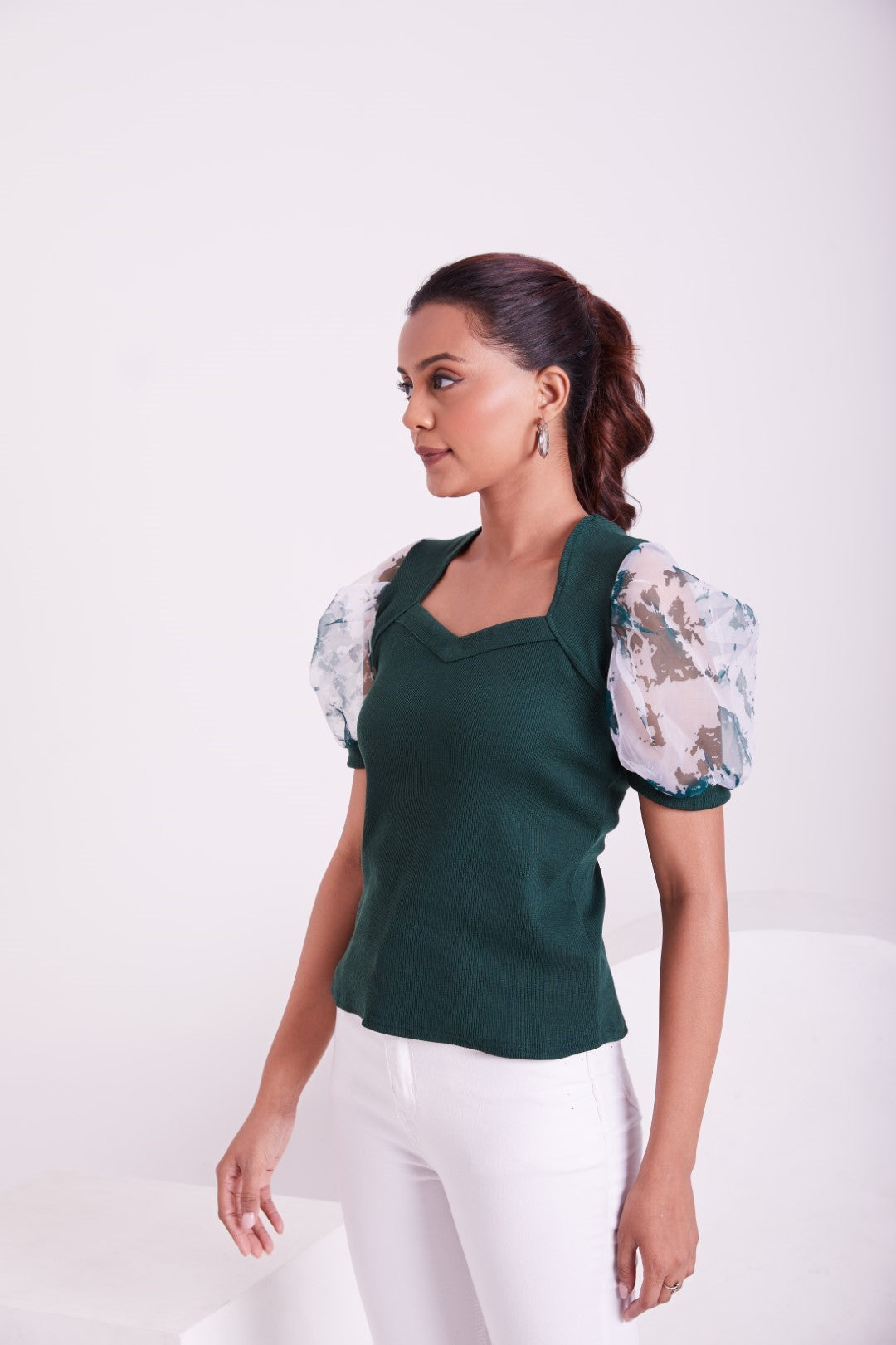 Floral Organza Puff Sleeve Ribbed Top – Sweetheart Neck Women’s Casual Top
