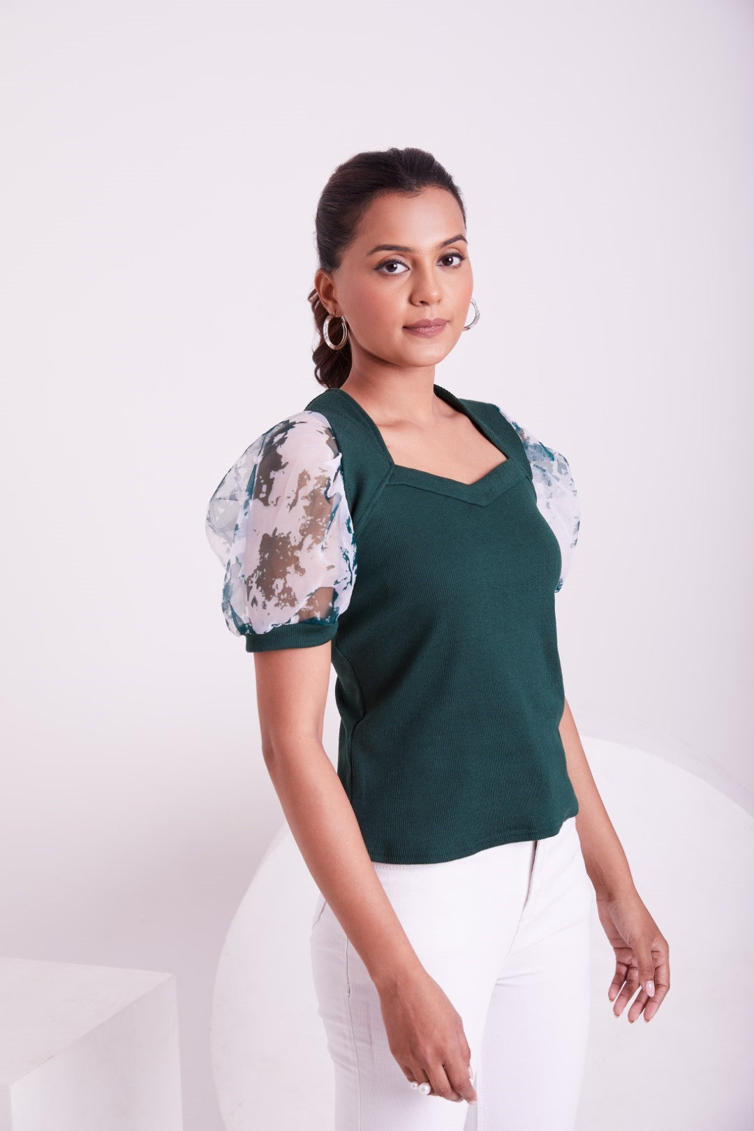 Floral Organza Puff Sleeve Ribbed Top – Sweetheart Neck Women’s Casual Top