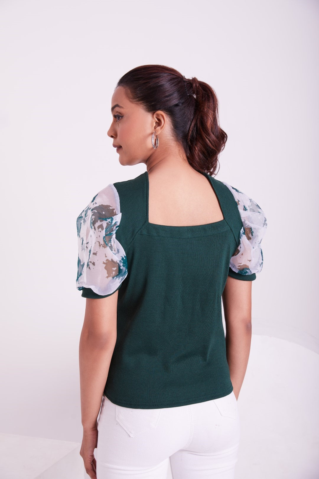 Floral Organza Puff Sleeve Ribbed Top – Sweetheart Neck Women’s Casual Top