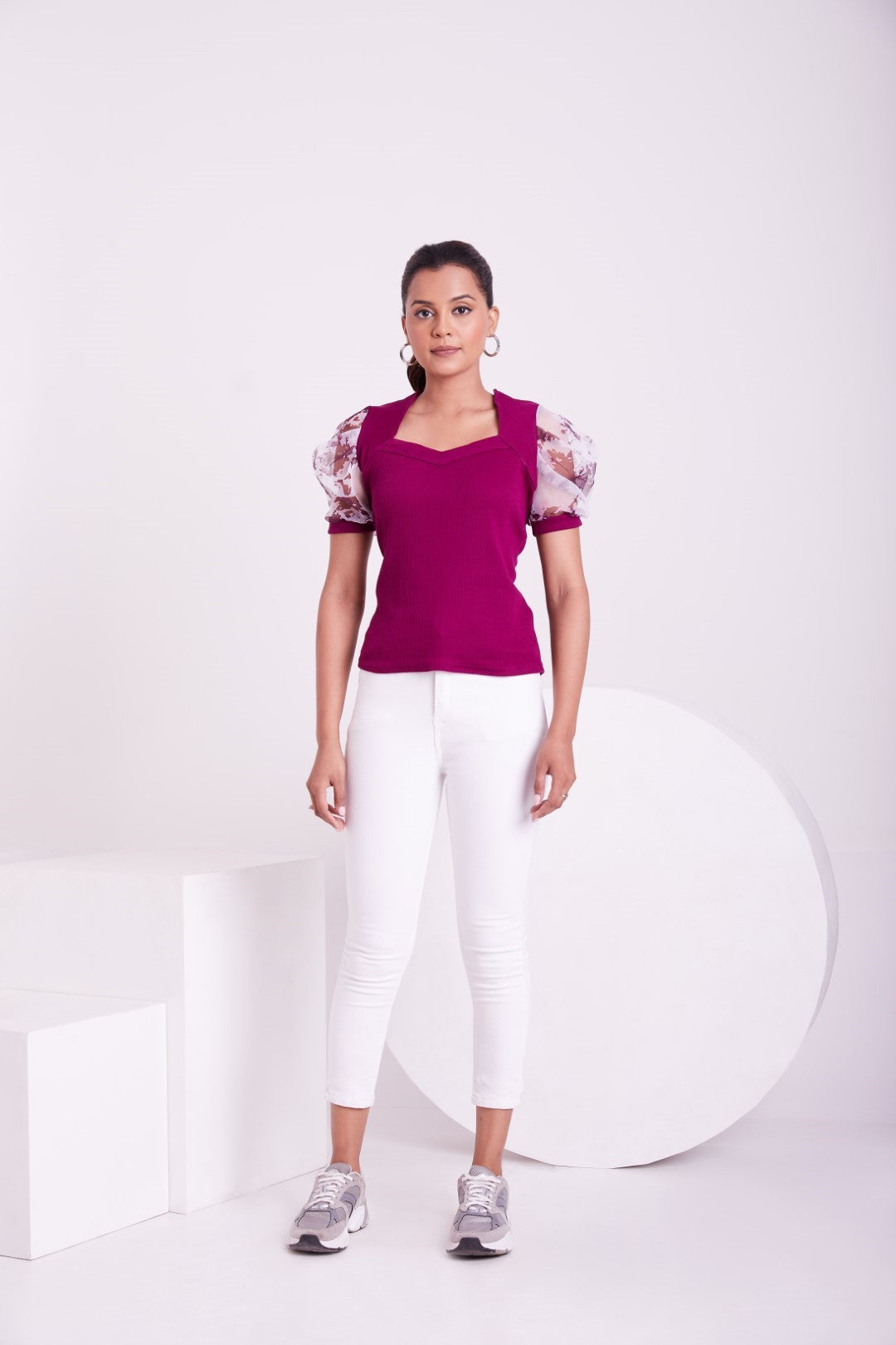 Floral Organza Puff Sleeve Ribbed Top – Sweetheart Neck Women’s Casual Top