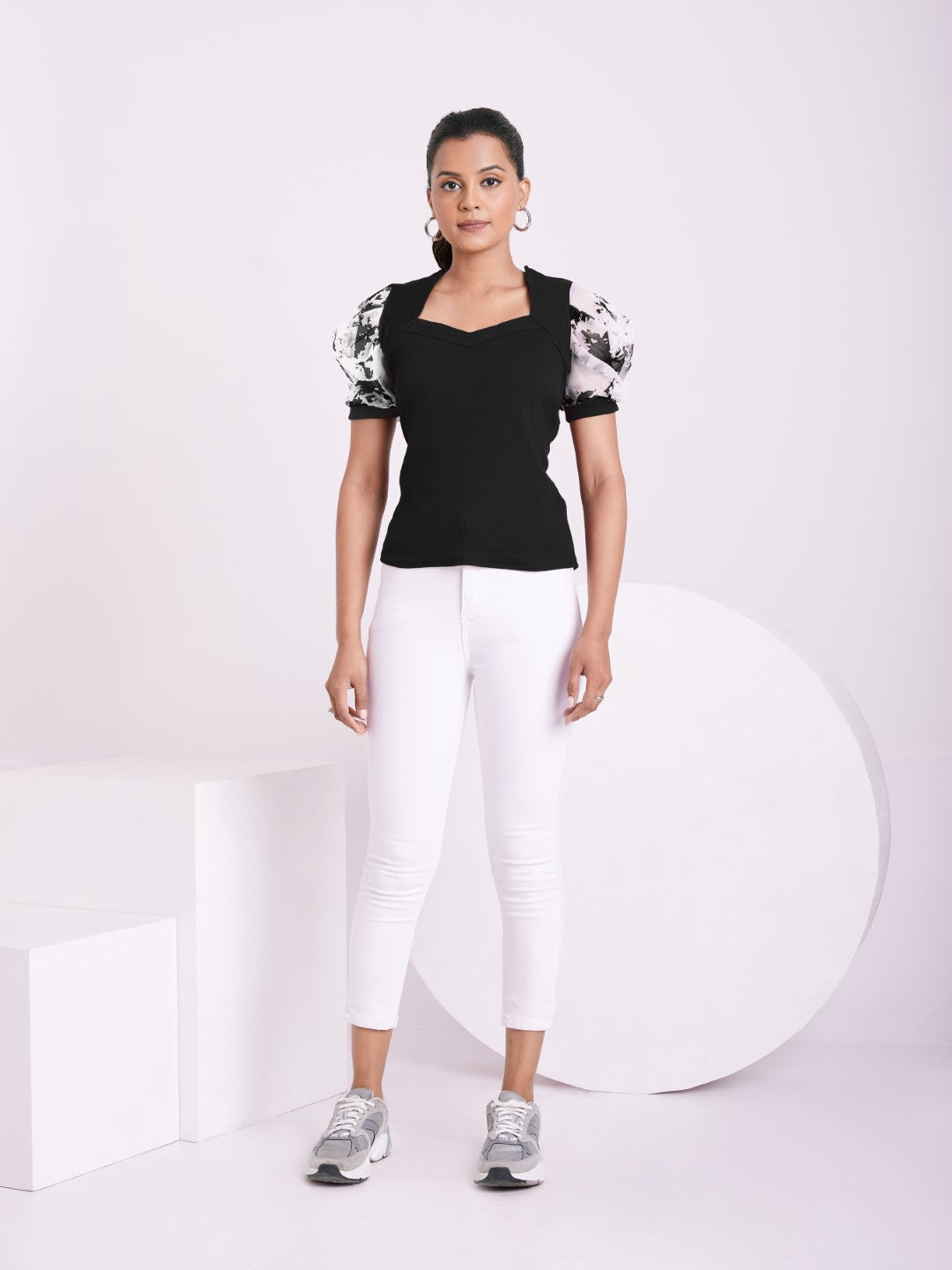 Floral Organza Puff Sleeve Ribbed Top – Sweetheart Neck Women’s Casual Top