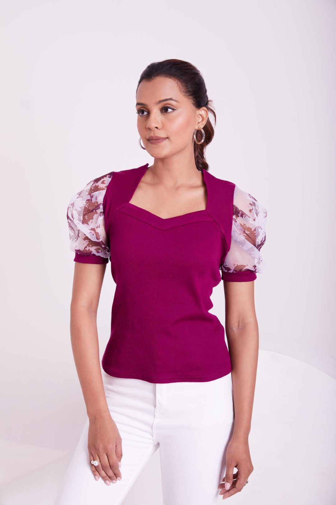 Floral Organza Puff Sleeve Ribbed Top – Sweetheart Neck Women’s Casual Top