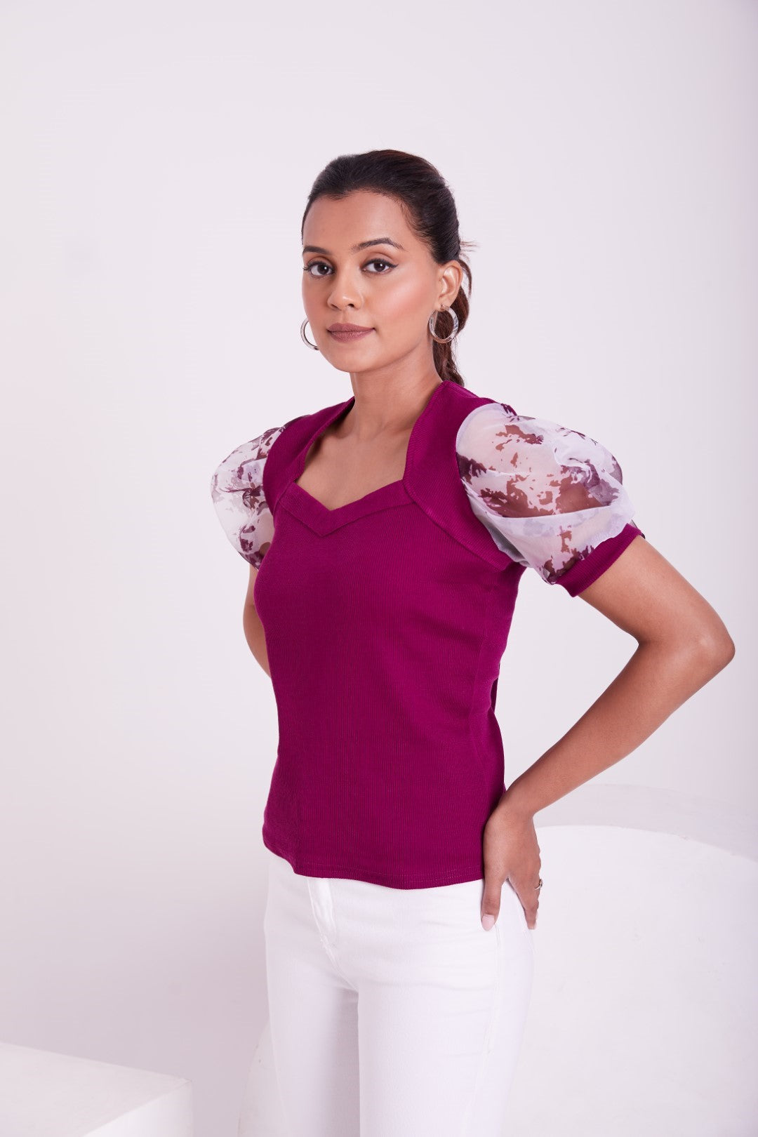 Floral Organza Puff Sleeve Ribbed Top – Sweetheart Neck Women’s Casual Top