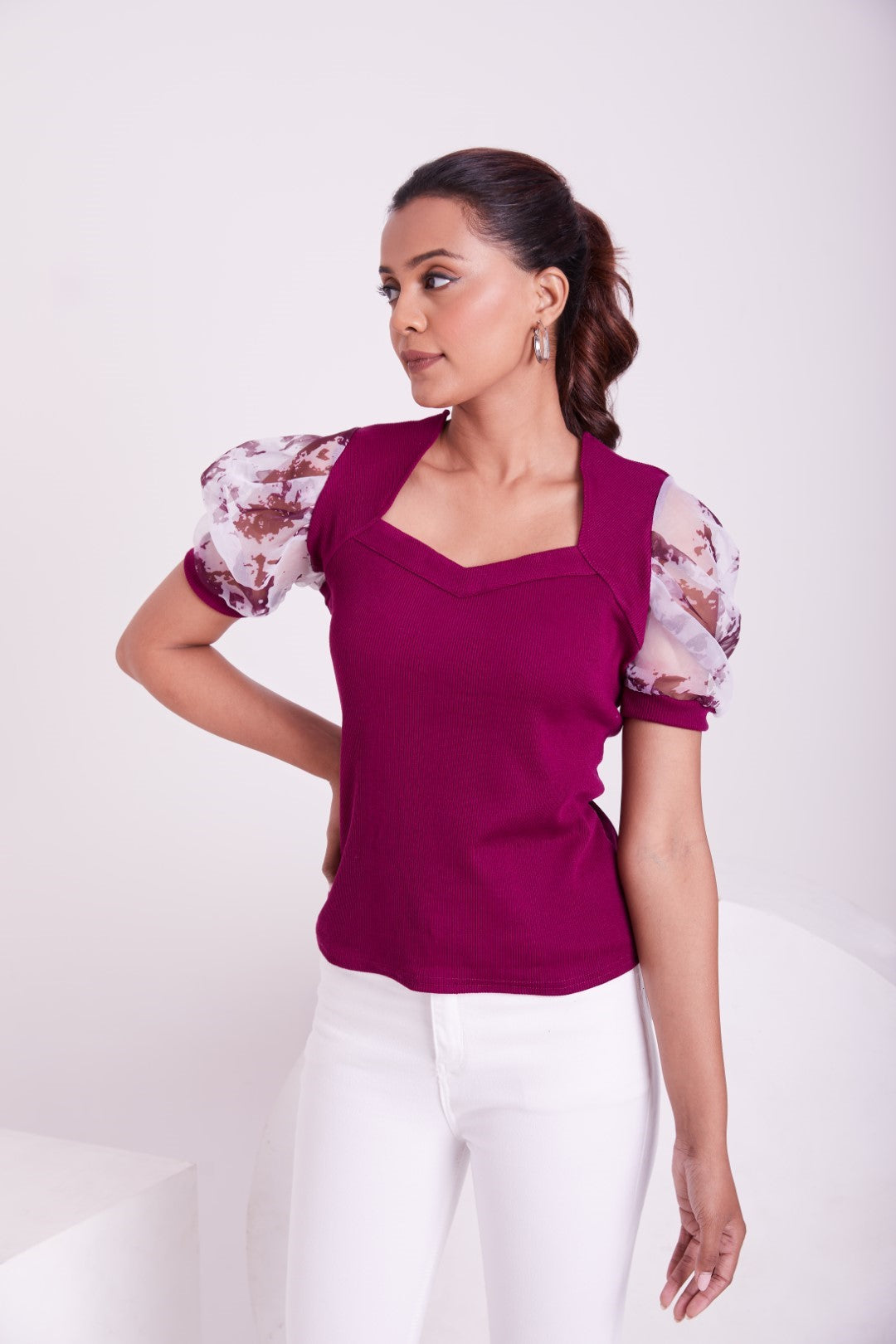 Floral Organza Puff Sleeve Ribbed Top – Sweetheart Neck Women’s Casual Top