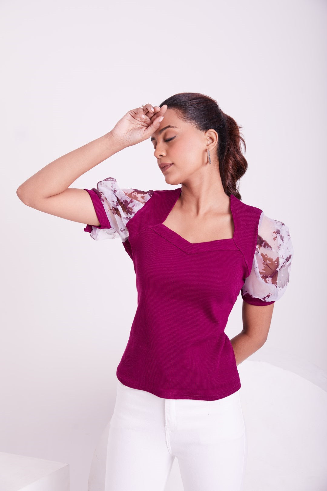 Floral Organza Puff Sleeve Ribbed Top – Sweetheart Neck Women’s Casual Top