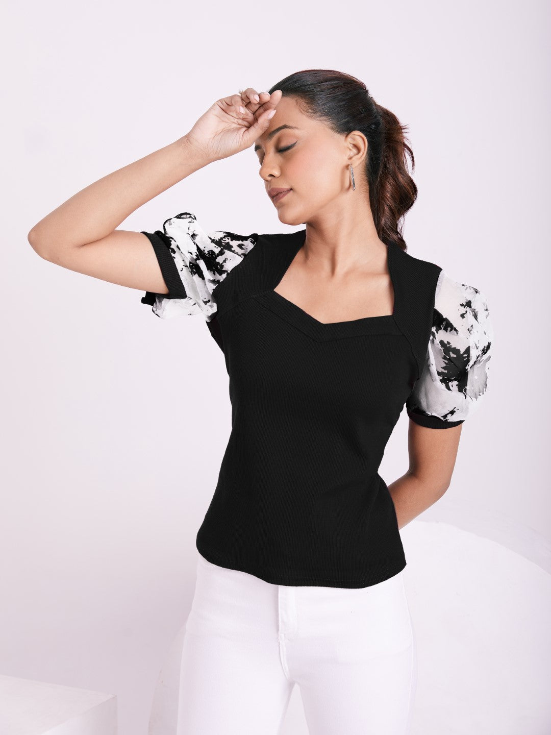 Floral Organza Puff Sleeve Ribbed Top – Sweetheart Neck Women’s Casual Top