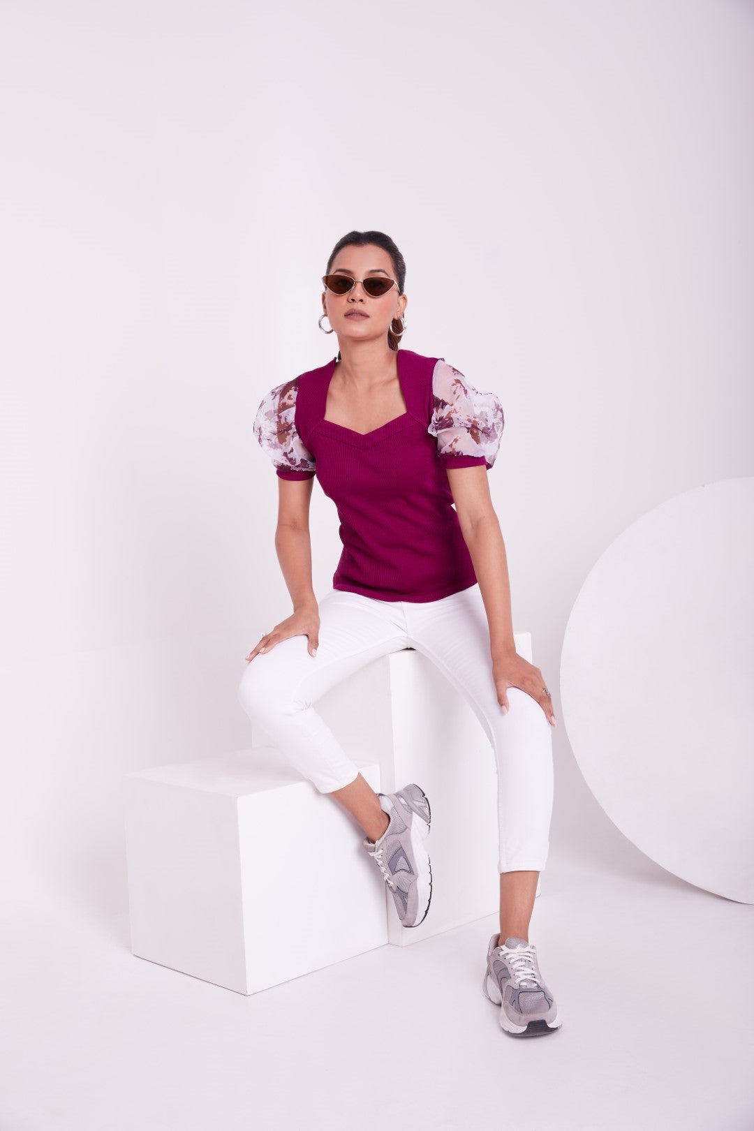Floral Organza Puff Sleeve Ribbed Top – Sweetheart Neck Women’s Casual Top