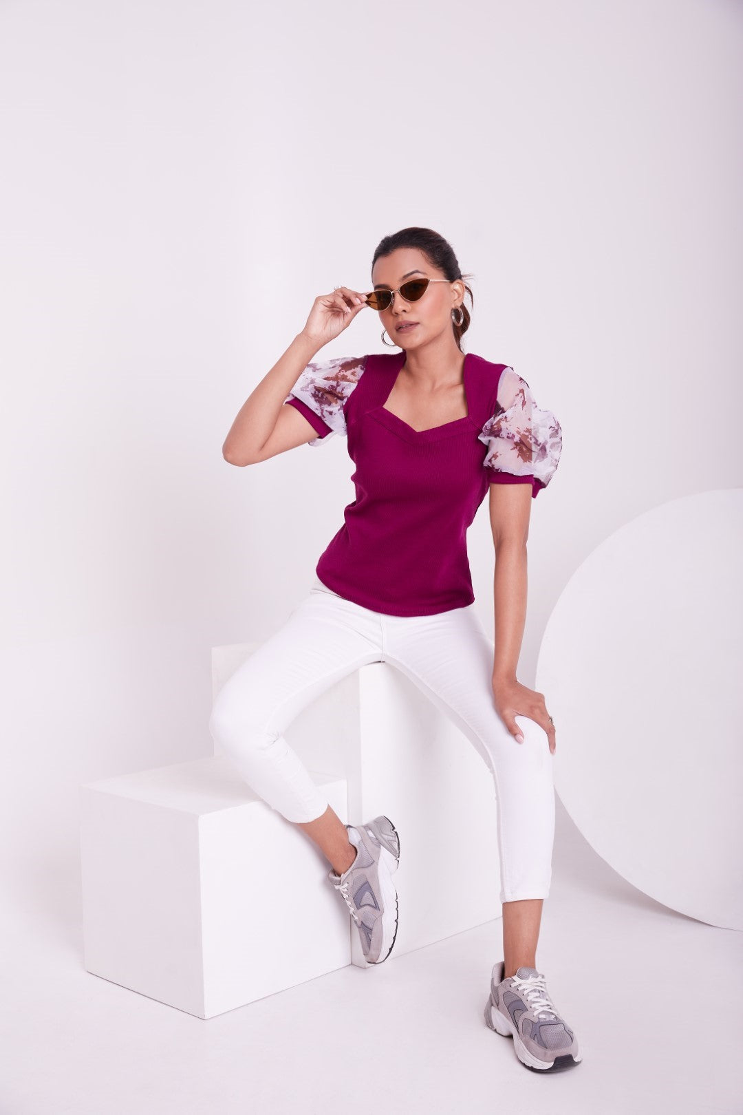Floral Organza Puff Sleeve Ribbed Top – Sweetheart Neck Women’s Casual Top
