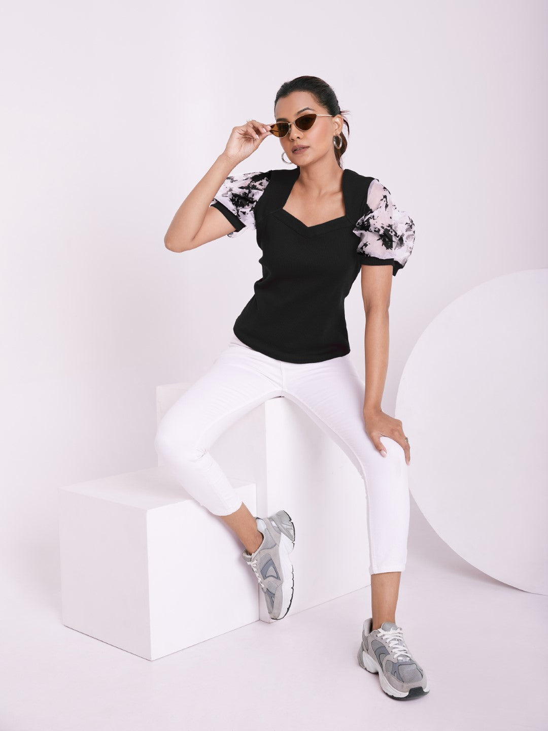 Floral Organza Puff Sleeve Ribbed Top – Sweetheart Neck Women’s Casual Top