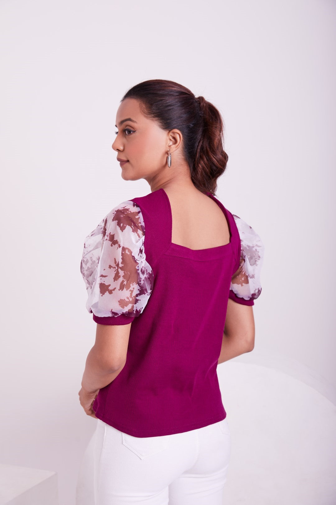 Floral Organza Puff Sleeve Ribbed Top – Sweetheart Neck Women’s Casual Top