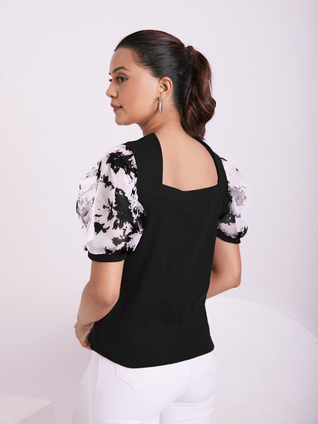 Floral Organza Puff Sleeve Ribbed Top – Sweetheart Neck Women’s Casual Top