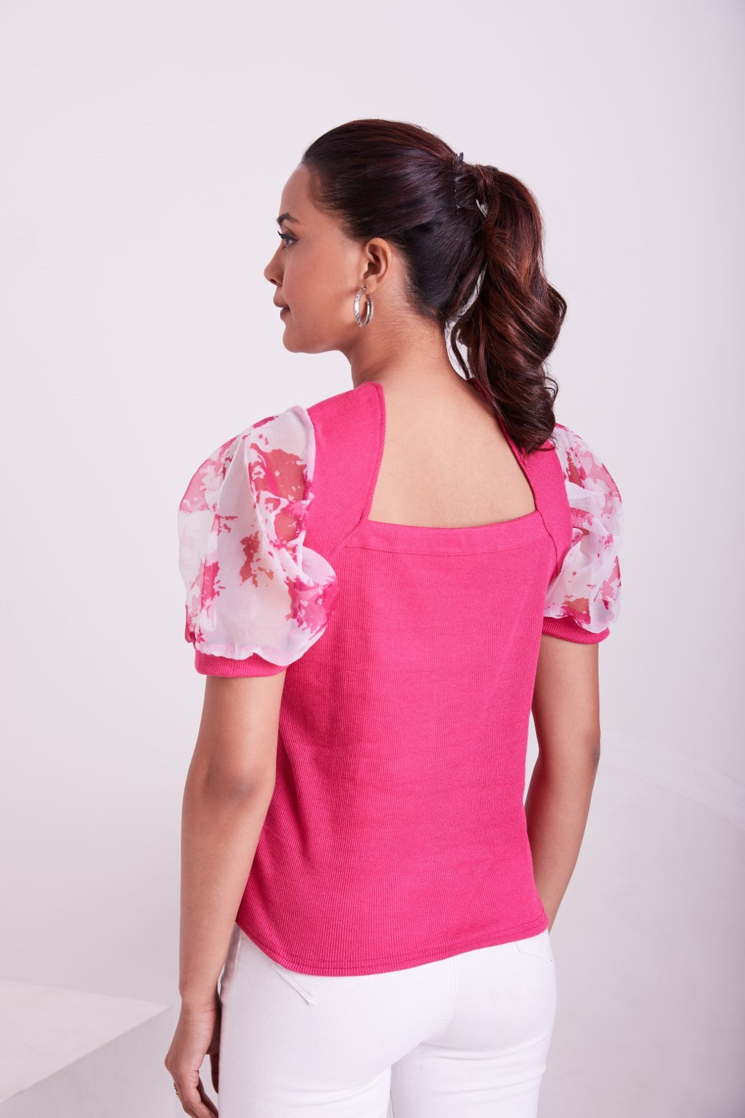 Floral Organza Puff Sleeve Ribbed Top – Sweetheart Neck Women’s Casual Top