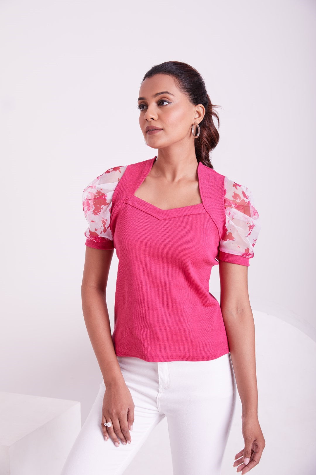 Floral Organza Puff Sleeve Ribbed Top – Sweetheart Neck Women’s Casual Top