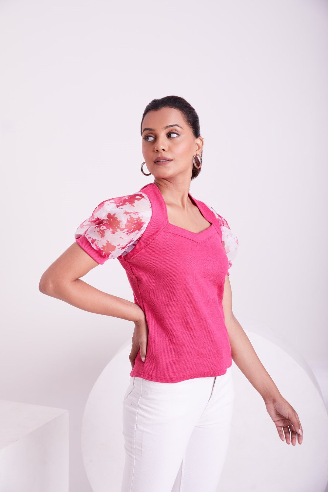 Floral Organza Puff Sleeve Ribbed Top – Sweetheart Neck Women’s Casual Top