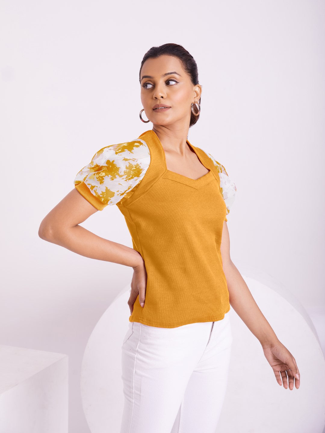 Floral Organza Puff Sleeve Ribbed Top – Sweetheart Neck Women’s Casual Top