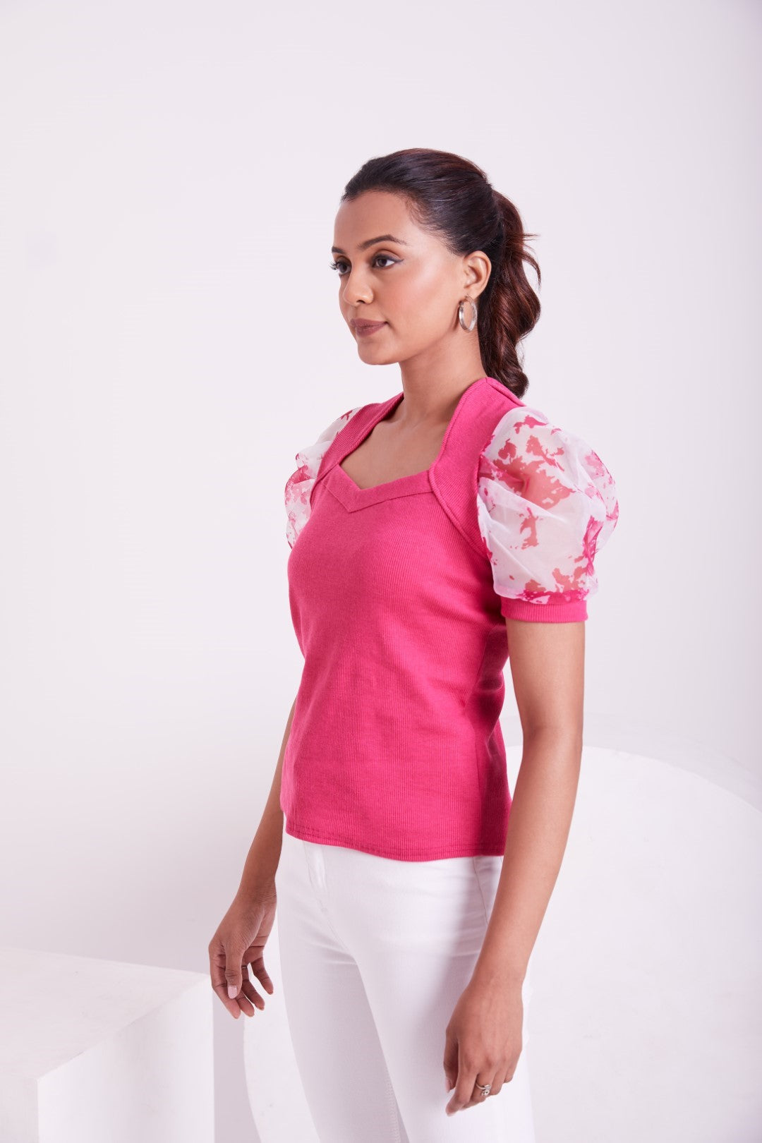 Floral Organza Puff Sleeve Ribbed Top – Sweetheart Neck Women’s Casual Top