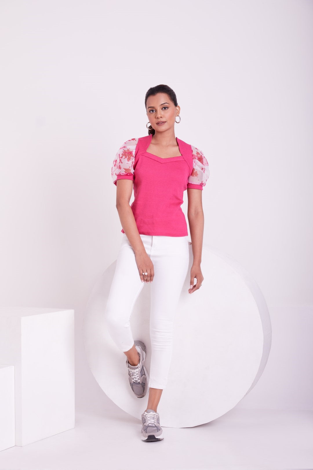 Floral Organza Puff Sleeve Ribbed Top – Sweetheart Neck Women’s Casual Top