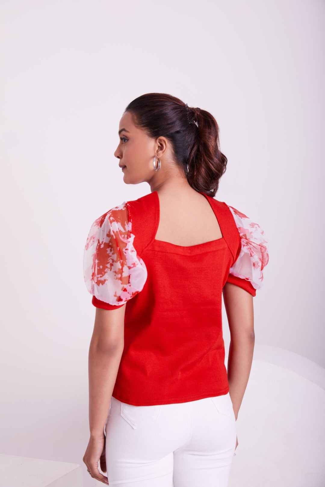 Floral Organza Puff Sleeve Ribbed Top – Sweetheart Neck Women’s Casual Top