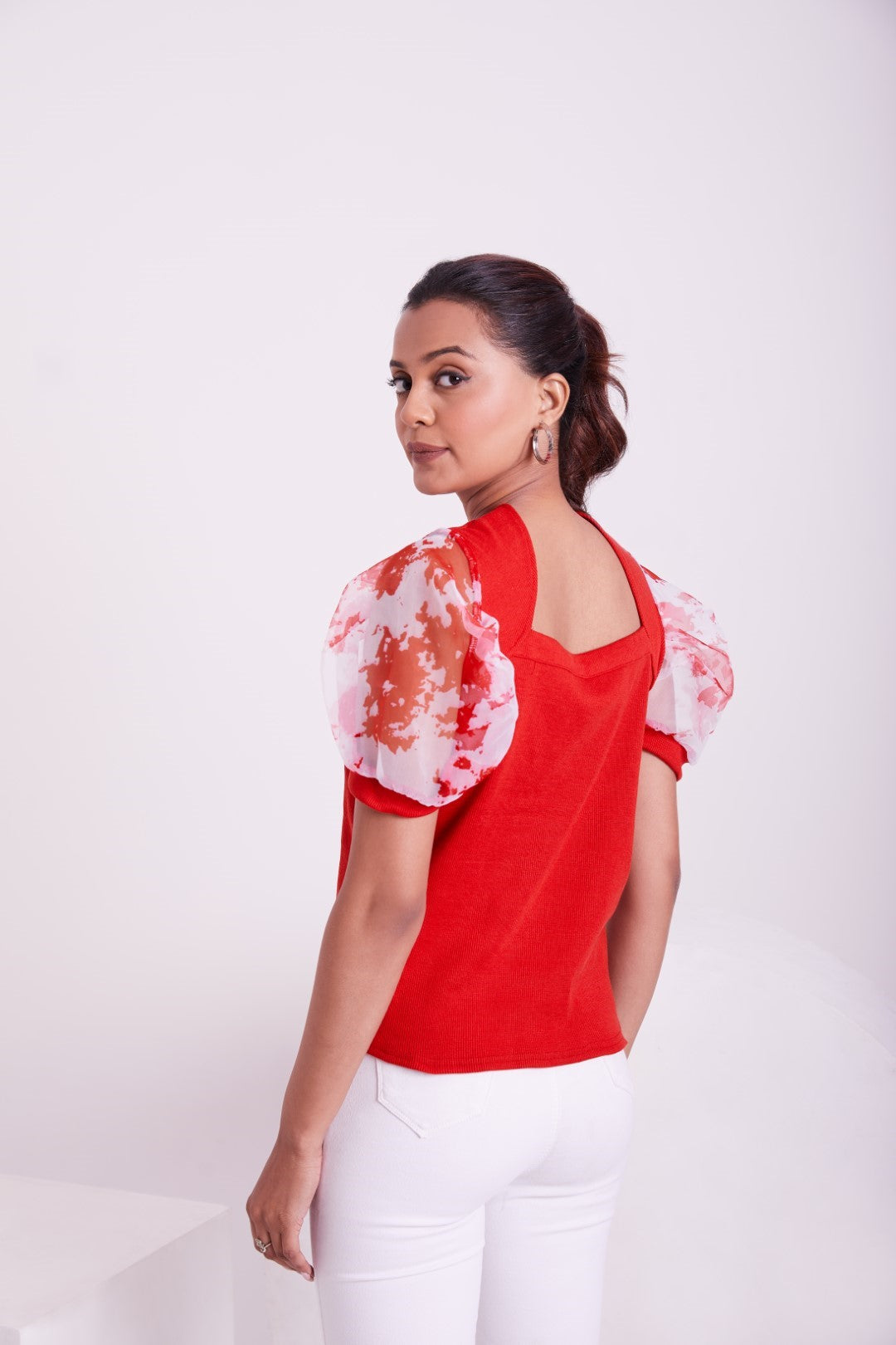 Floral Organza Puff Sleeve Ribbed Top – Sweetheart Neck Women’s Casual Top