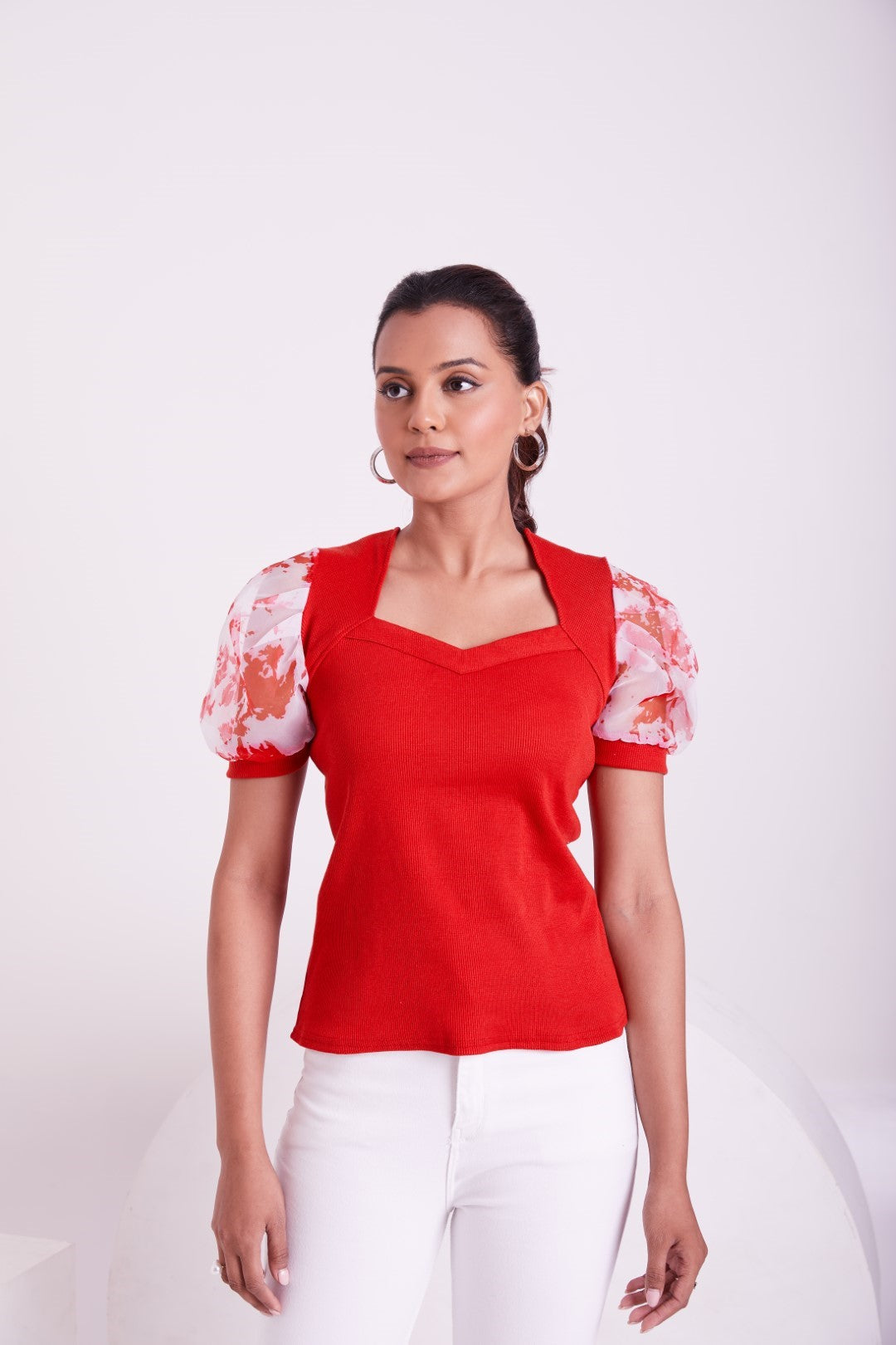 Floral Organza Puff Sleeve Ribbed Top – Sweetheart Neck Women’s Casual Top