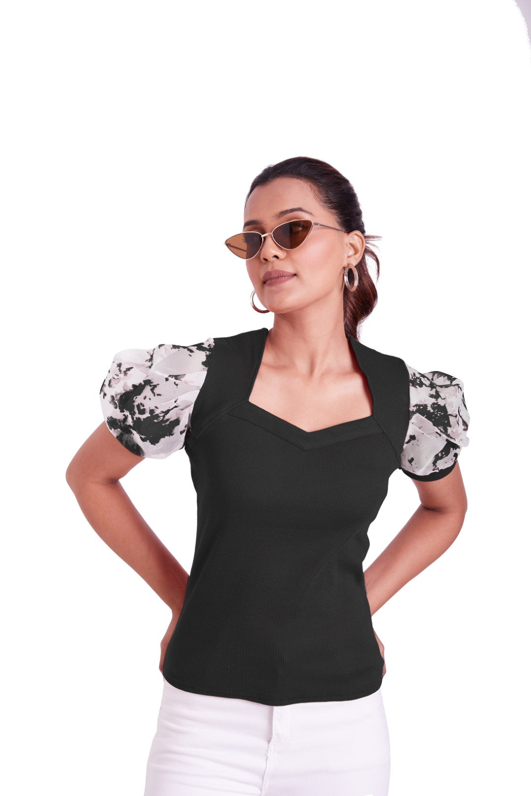 Floral Organza Puff Sleeve Ribbed Top – Sweetheart Neck Women’s Casual Top