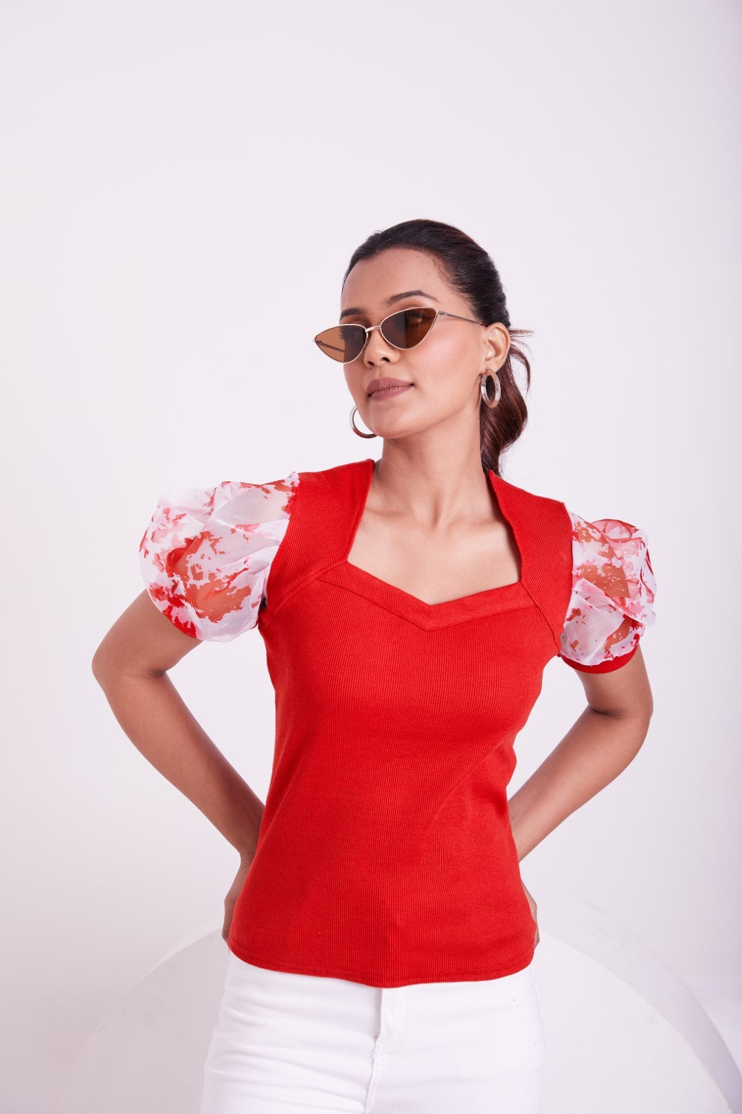 Floral Organza Puff Sleeve Ribbed Top – Sweetheart Neck Women’s Casual Top