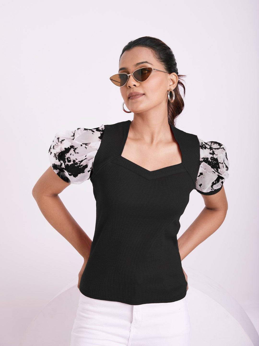 Floral Organza Puff Sleeve Ribbed Top – Sweetheart Neck Women’s Casual Top