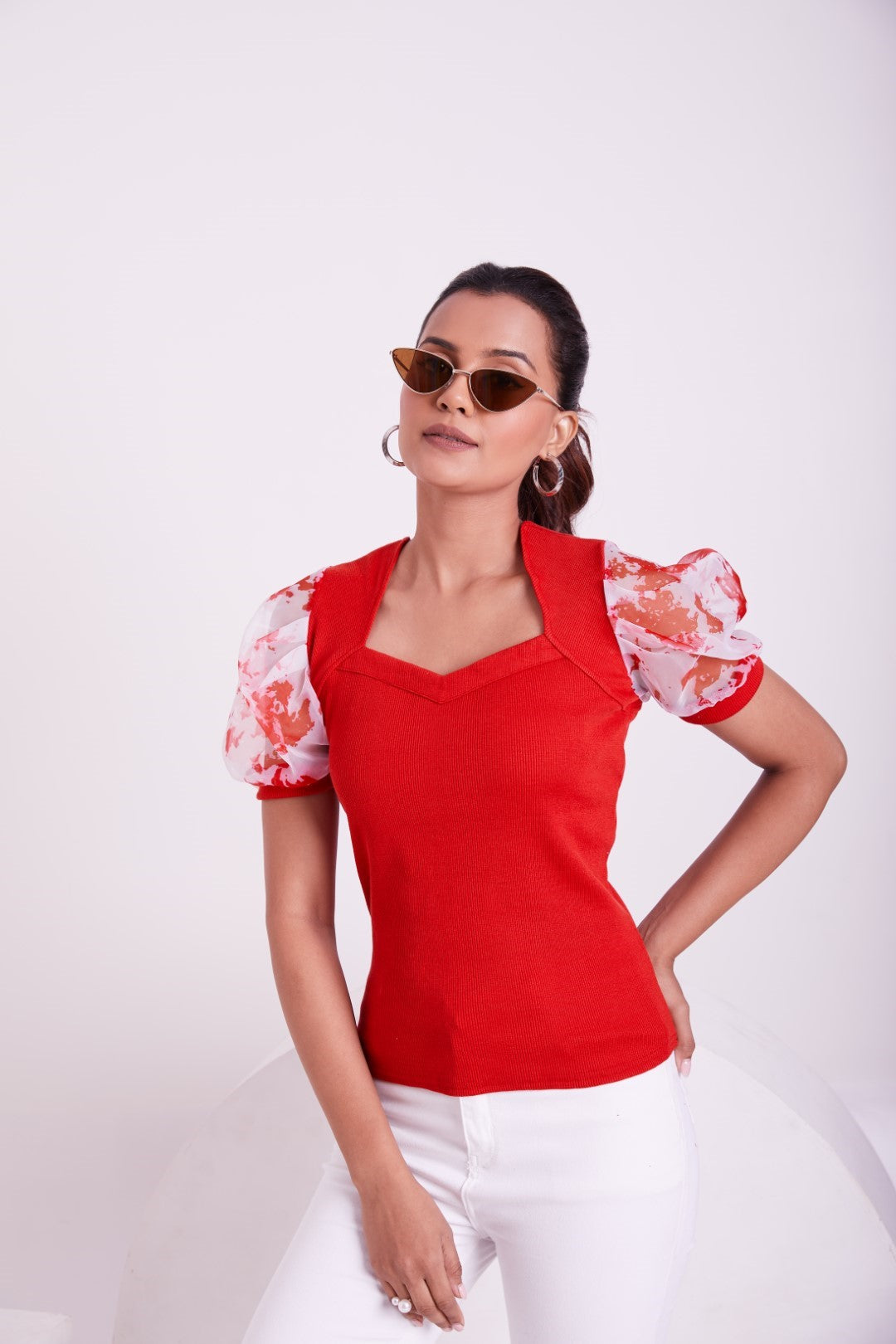 Floral Organza Puff Sleeve Ribbed Top – Sweetheart Neck Women’s Casual Top