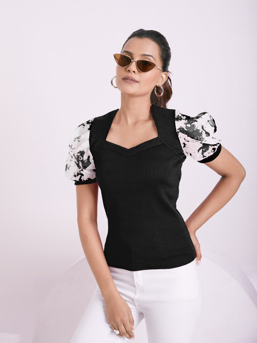 Floral Organza Puff Sleeve Ribbed Top – Sweetheart Neck Women’s Casual Top