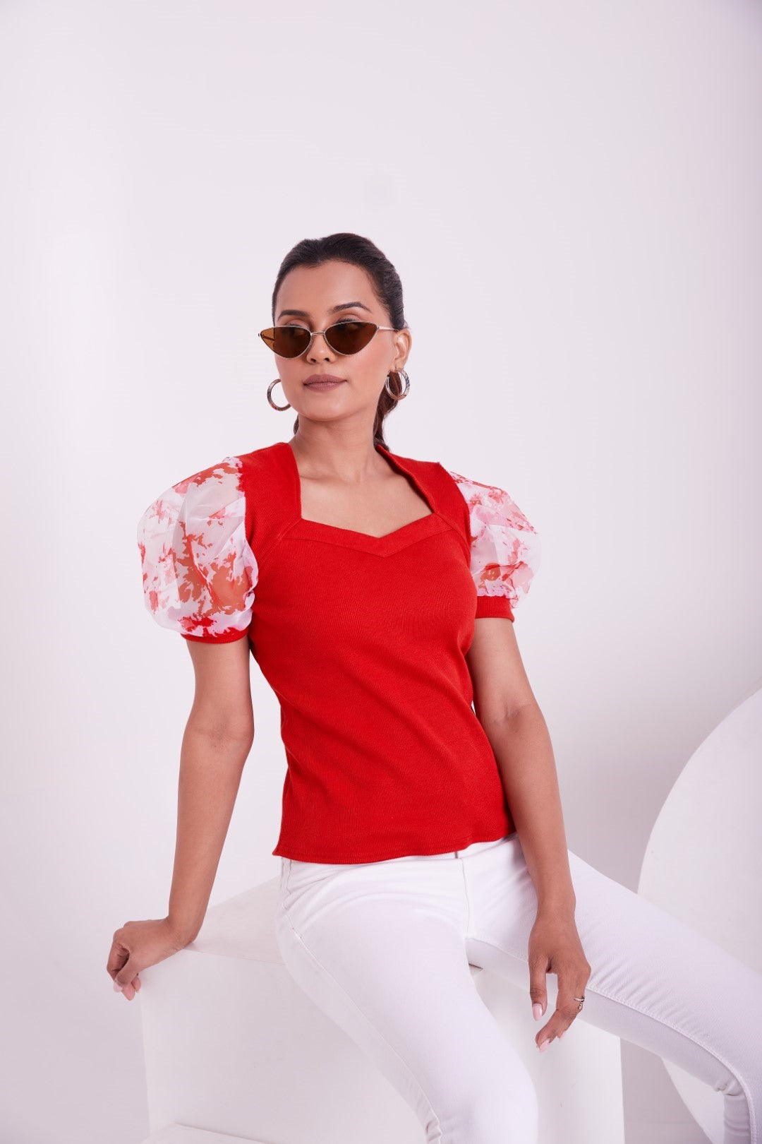 Floral Organza Puff Sleeve Ribbed Top – Sweetheart Neck Women’s Casual Top