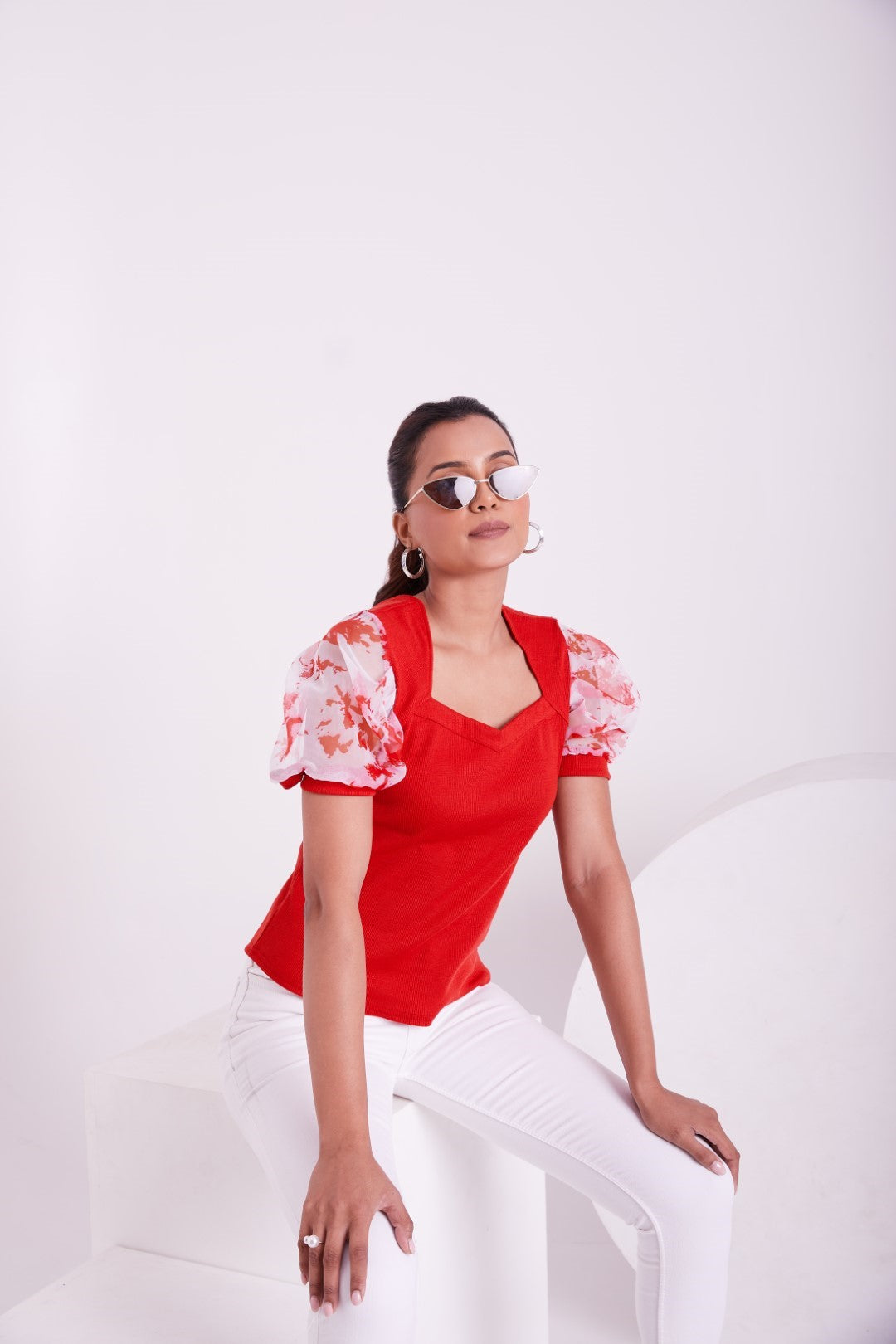 Floral Organza Puff Sleeve Ribbed Top – Sweetheart Neck Women’s Casual Top