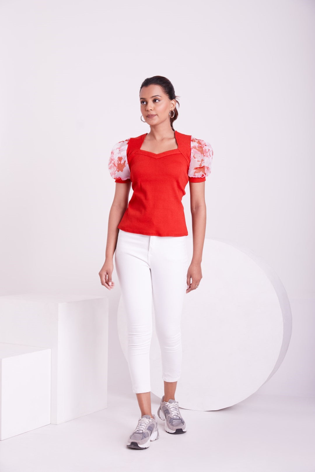 Floral Organza Puff Sleeve Ribbed Top – Sweetheart Neck Women’s Casual Top