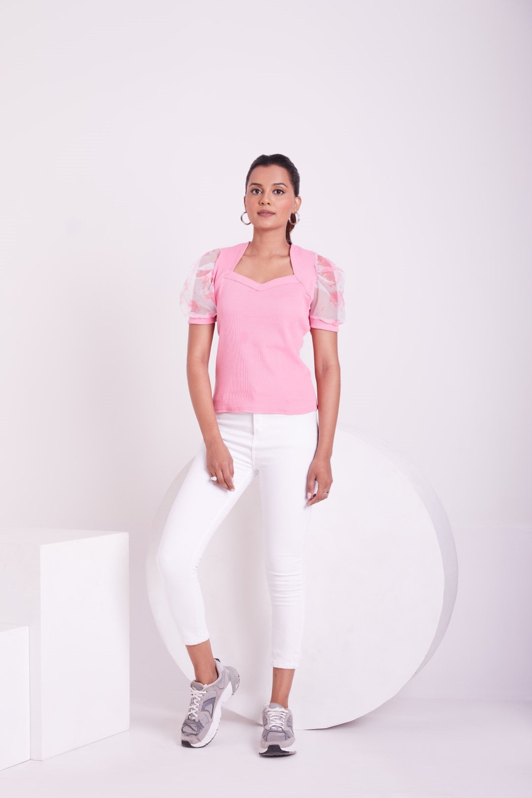 Floral Organza Puff Sleeve Ribbed Top – Sweetheart Neck Women’s Casual Top