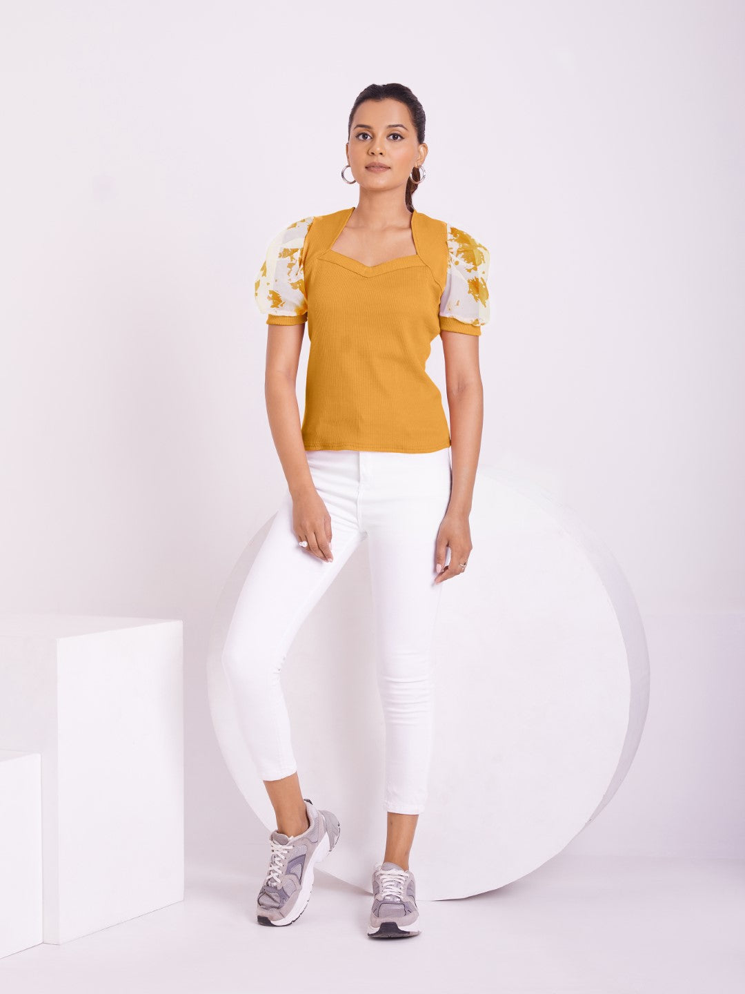 Floral Organza Puff Sleeve Ribbed Top – Sweetheart Neck Women’s Casual Top
