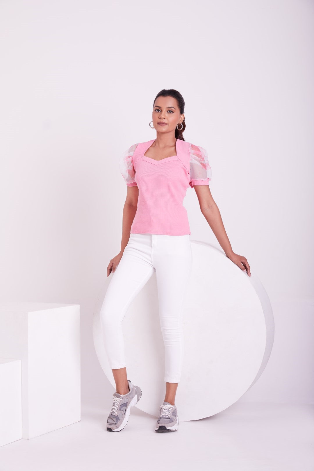 Floral Organza Puff Sleeve Ribbed Top – Sweetheart Neck Women’s Casual Top