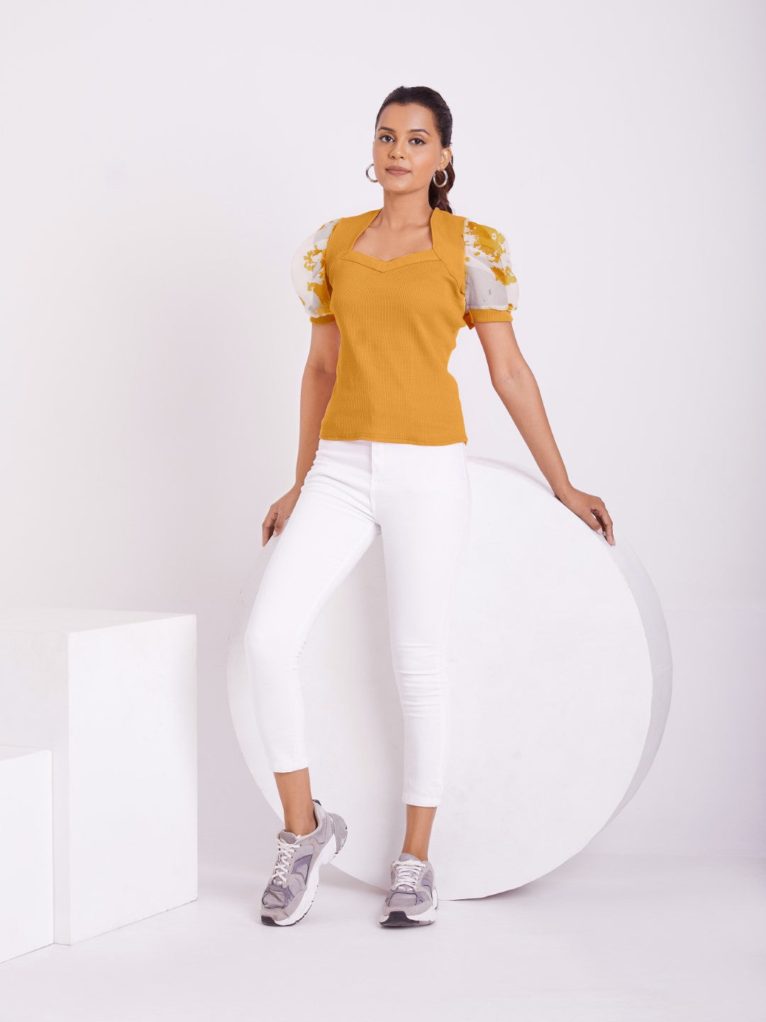 Floral Organza Puff Sleeve Ribbed Top – Sweetheart Neck Women’s Casual Top