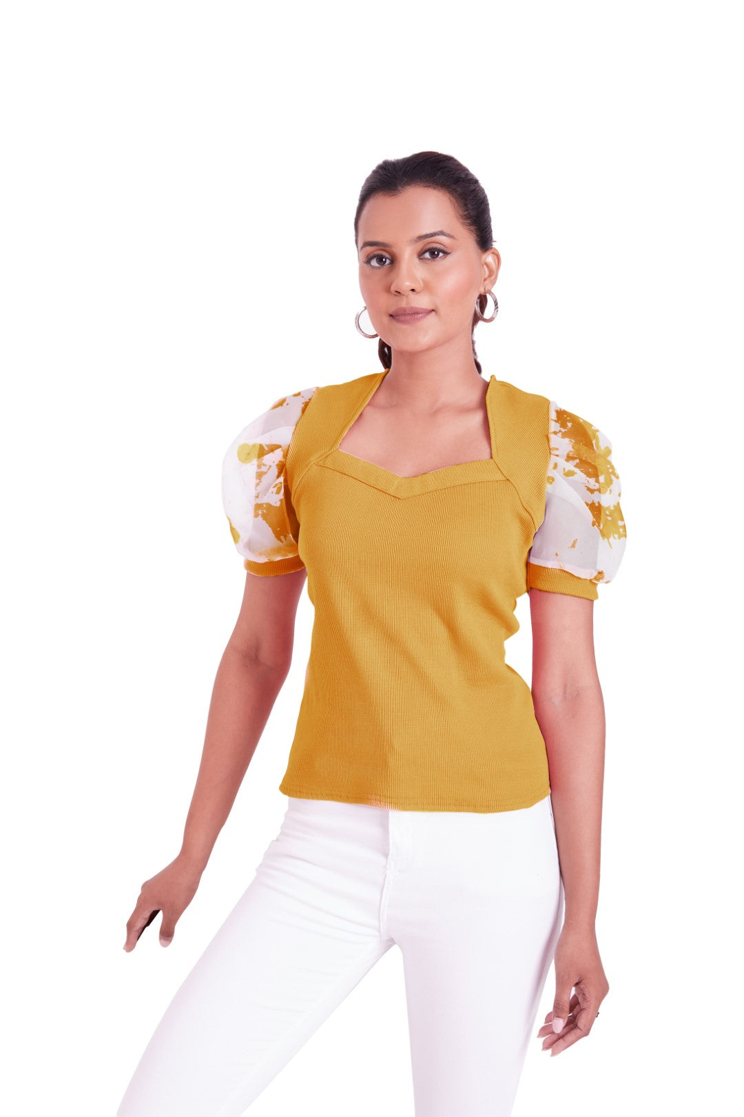 Floral Organza Puff Sleeve Ribbed Top – Sweetheart Neck Women’s Casual Top