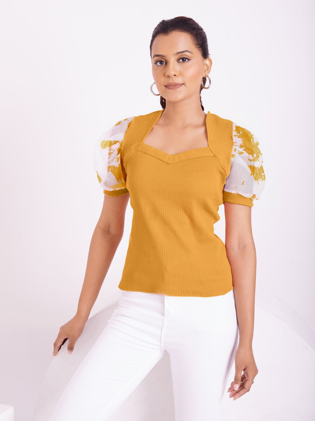Floral Organza Puff Sleeve Ribbed Top – Sweetheart Neck Women’s Casual Top