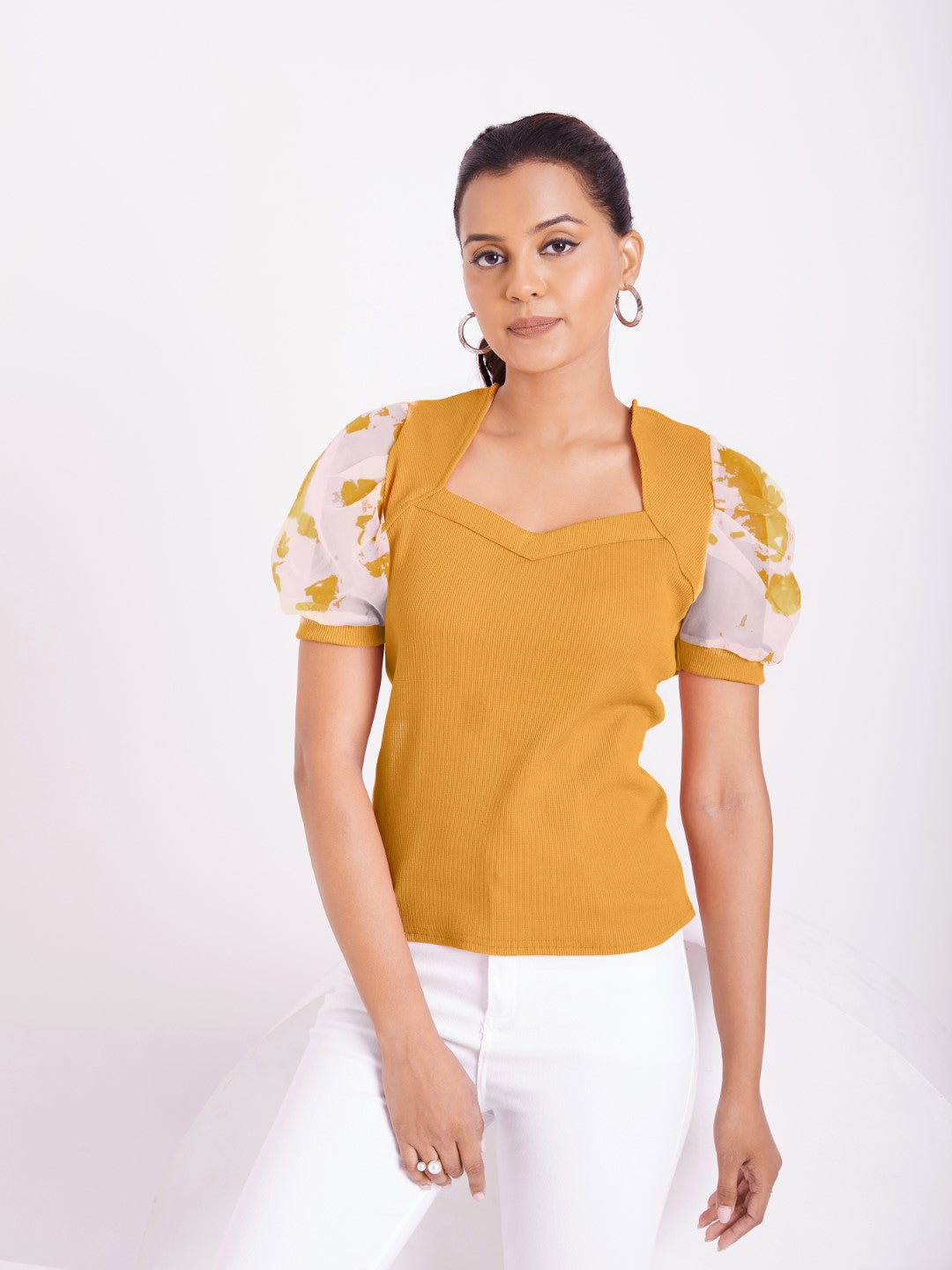 Floral Organza Puff Sleeve Ribbed Top – Sweetheart Neck Women’s Casual Top