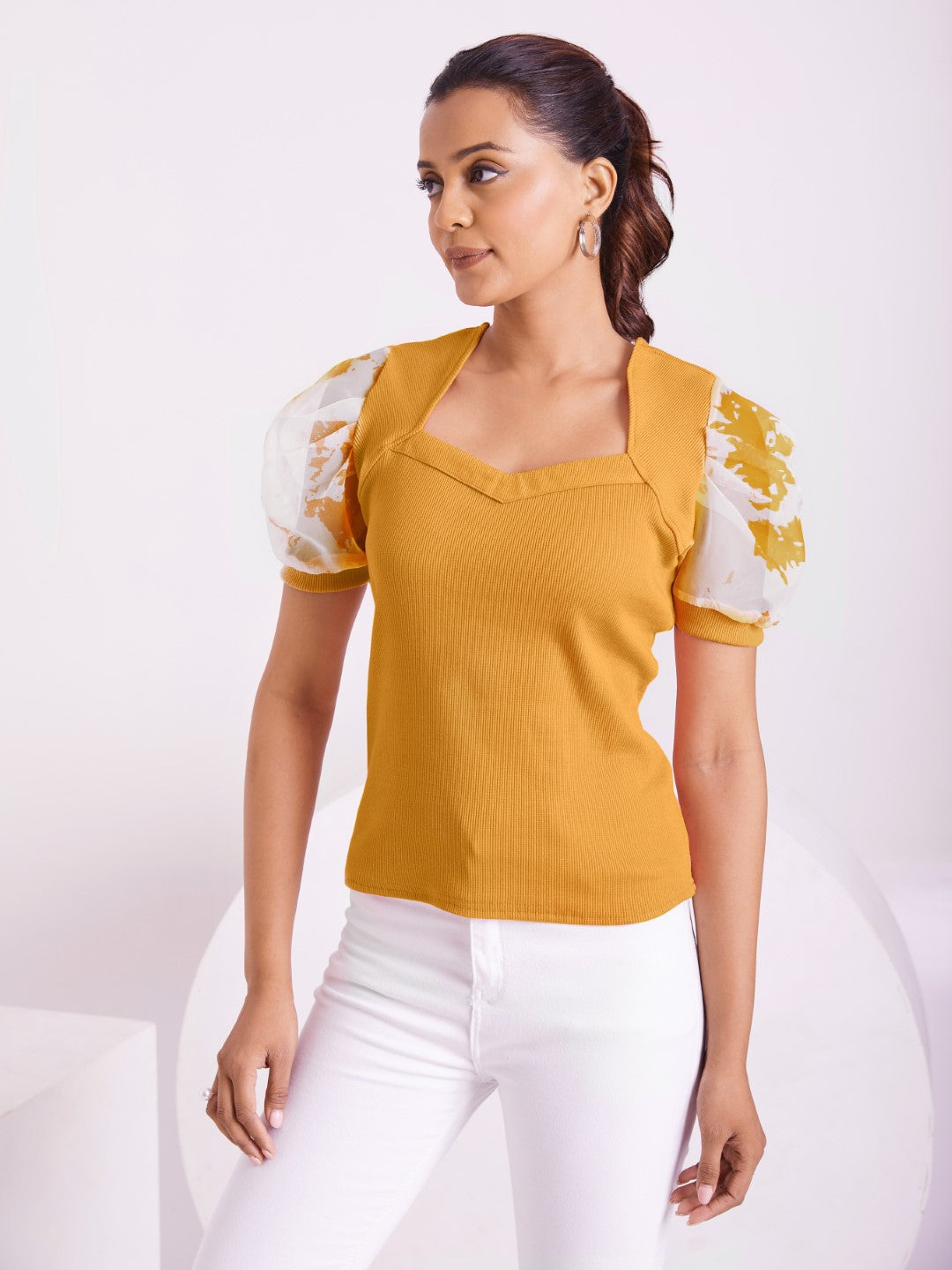Floral Organza Puff Sleeve Ribbed Top – Sweetheart Neck Women’s Casual Top