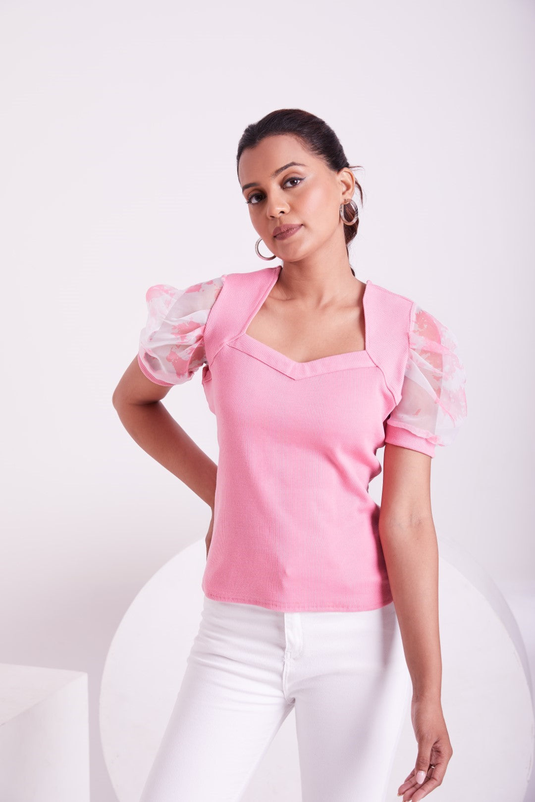 Floral Organza Puff Sleeve Ribbed Top – Sweetheart Neck Women’s Casual Top