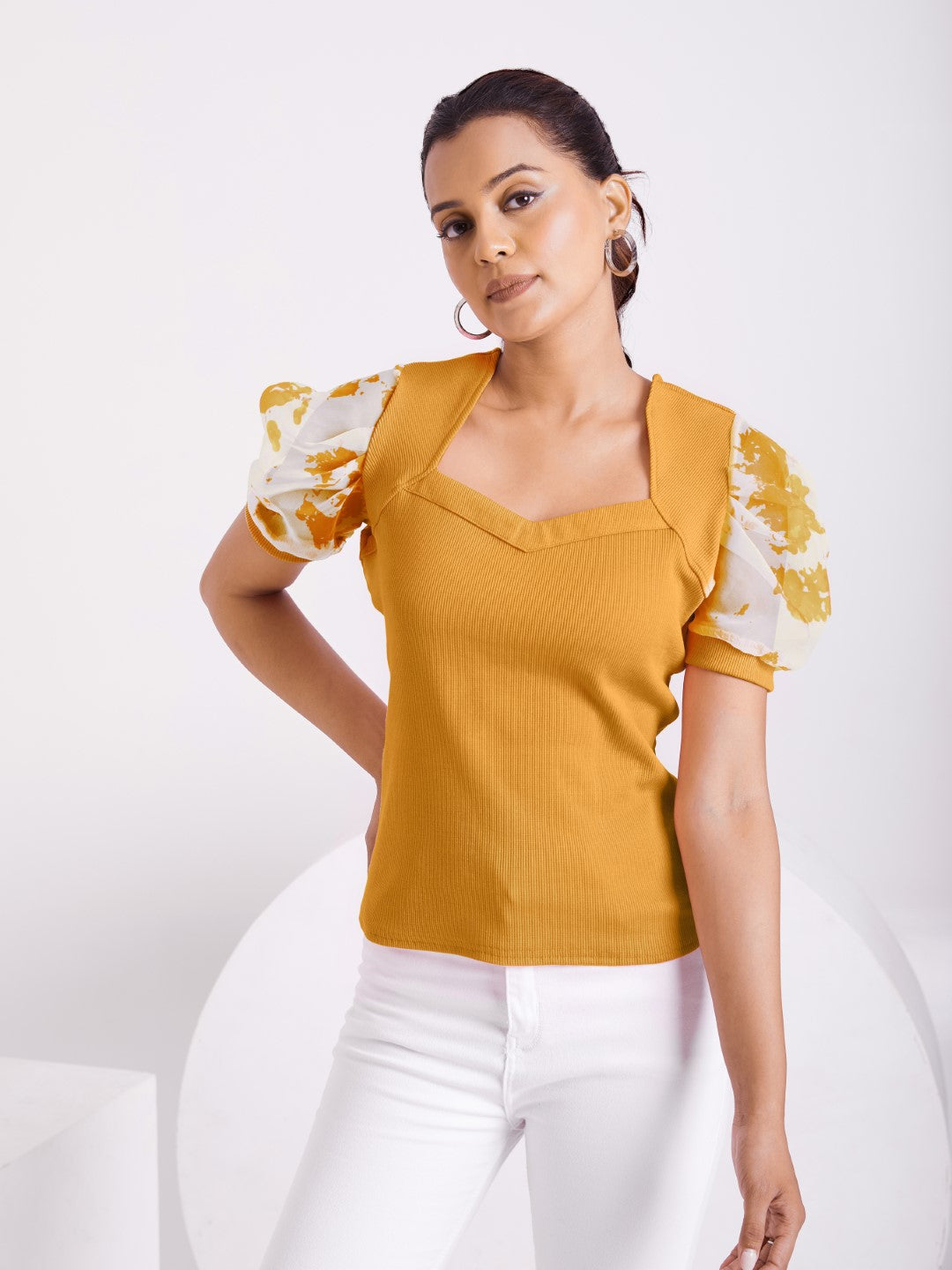 Floral Organza Puff Sleeve Ribbed Top – Sweetheart Neck Women’s Casual Top