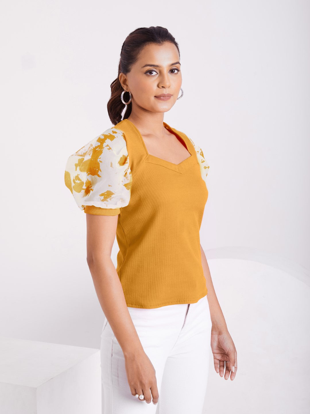 Floral Organza Puff Sleeve Ribbed Top – Sweetheart Neck Women’s Casual Top