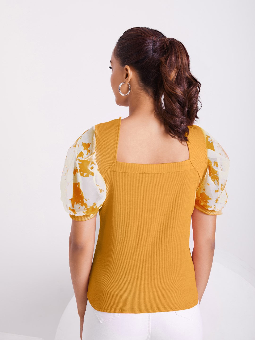 Floral Organza Puff Sleeve Ribbed Top – Sweetheart Neck Women’s Casual Top